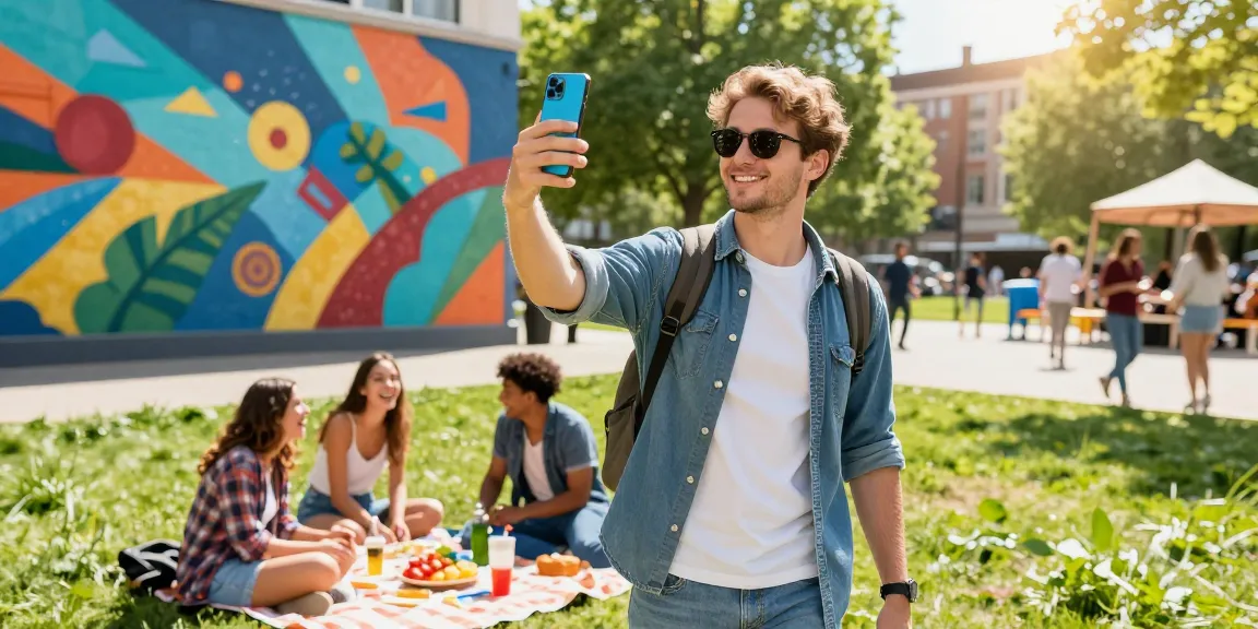 Young adult using smartphone app to figure out how old do I look at a park.