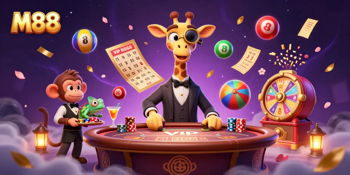 Experience M88 gaming excitement with a giraffe at a VIP poker table, lottery balls flying