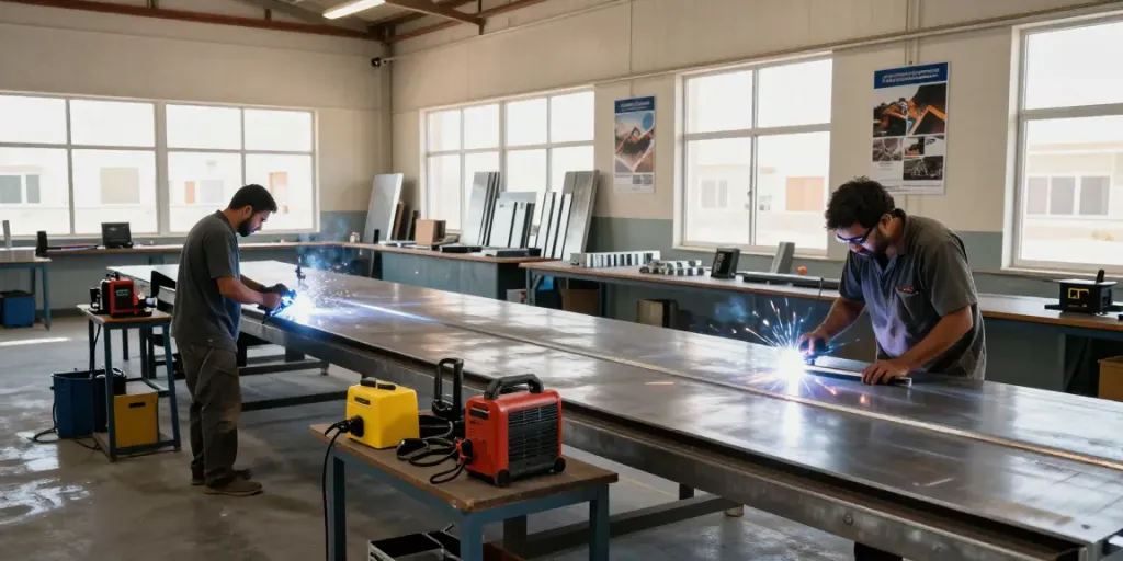 Inside a metal fabrication workshop in Fujairah, artisans welding and measuring steel components.