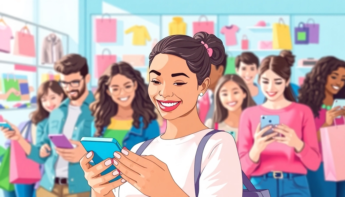 Individuals joyfully using online shopping apps amidst a colorful marketplace scene.