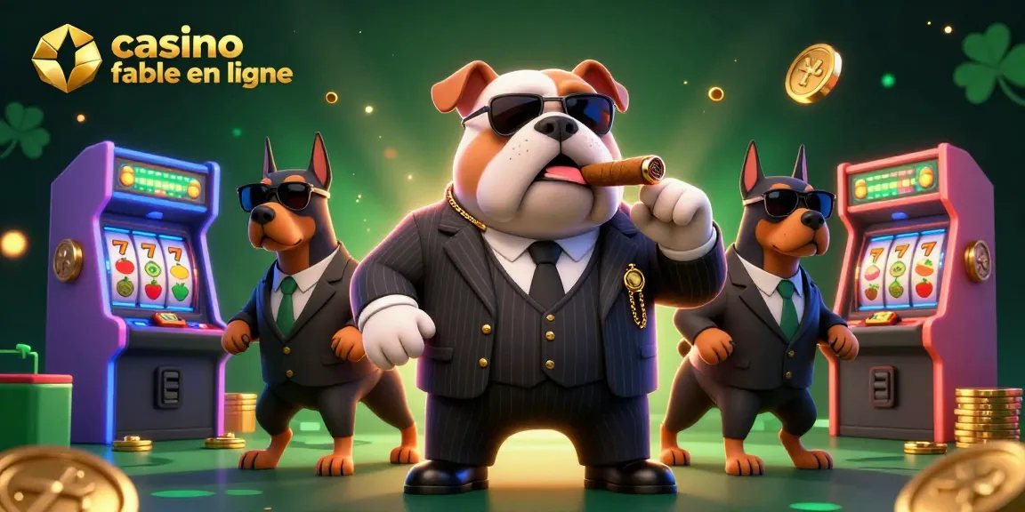 Découvrez une scène colorée avec un bulldog mafieux et des Doberman, illustrant un casino fiable en ligne.