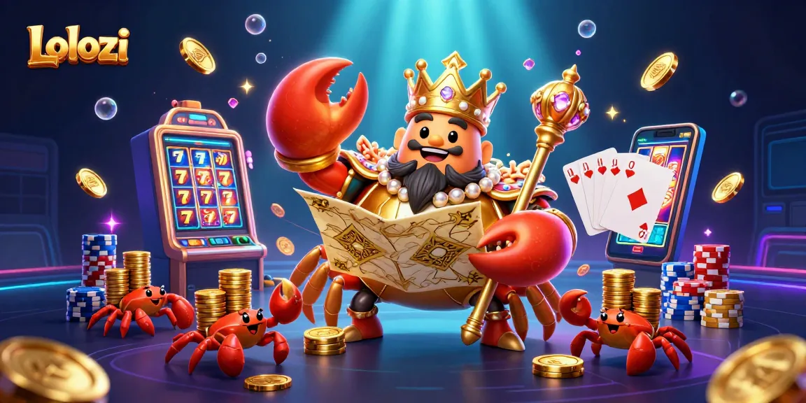 Lolozi engages players with a vibrant 3D party scene featuring a golden crab emperor and slot machines.