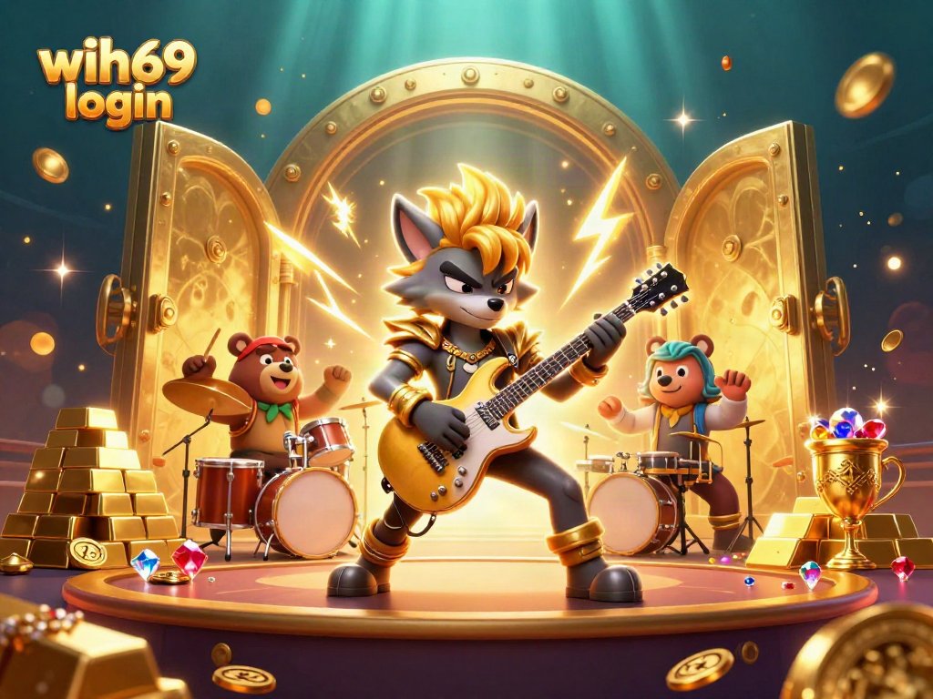 Grafis 3D menampilkan wih69 login dengan karakter serigala rock star dan beruang drummer yang energik di kasino.