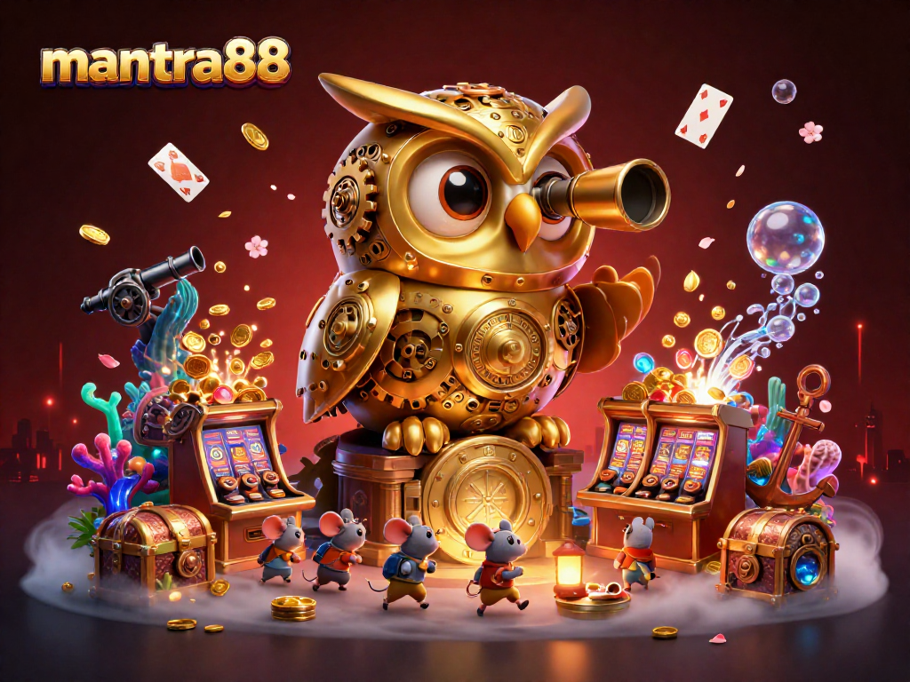 Engage with mantra88 in this vibrant casino illustration featuring a clockwork owl and gold treasures.