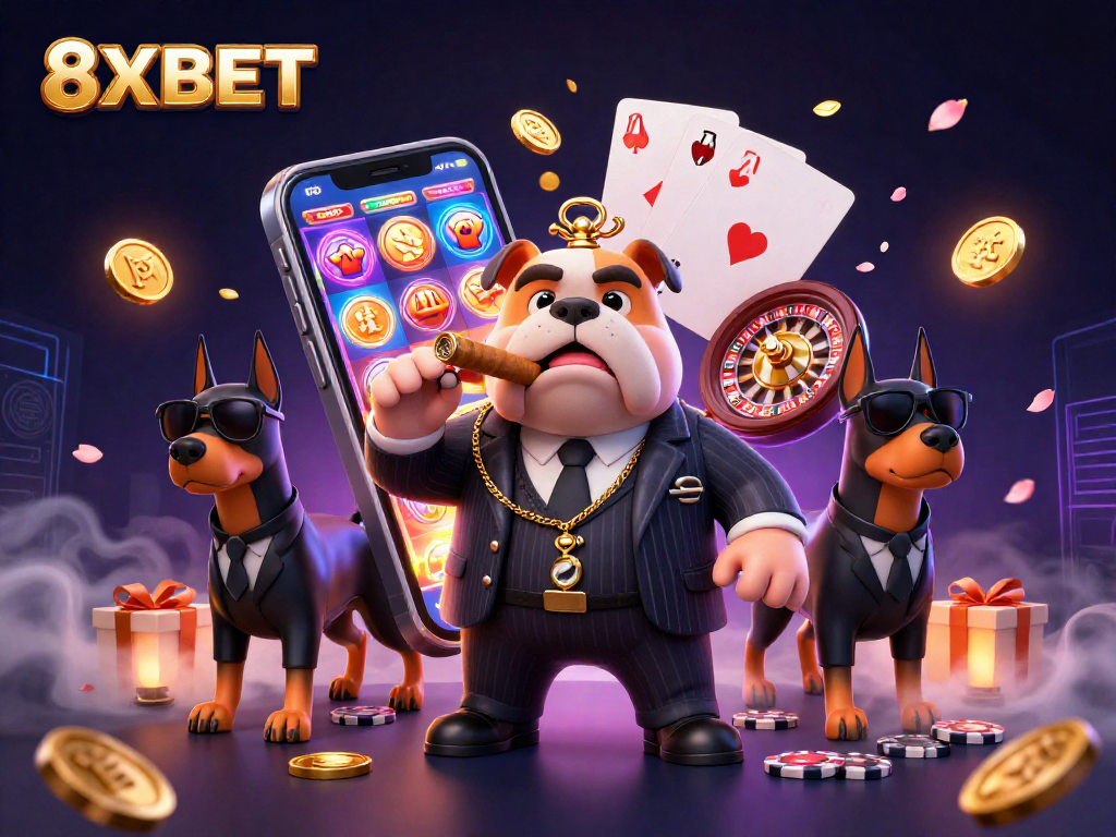 Experience the thrills of 8XBET with a vibrant 3D casino scene filled with exciting game elements.
