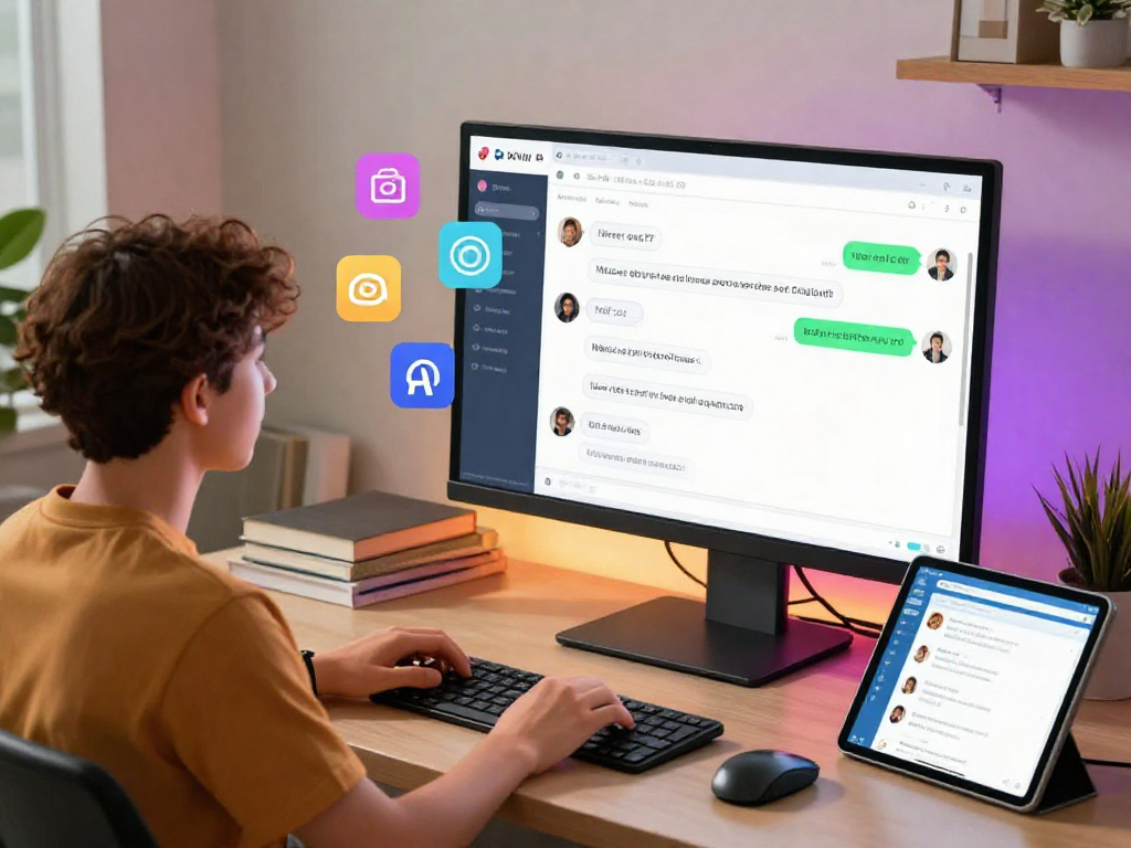Interactive ai nsfw chat scene showcasing a vibrant digital workspace with playful characters, chat dialogues, and tech elements.