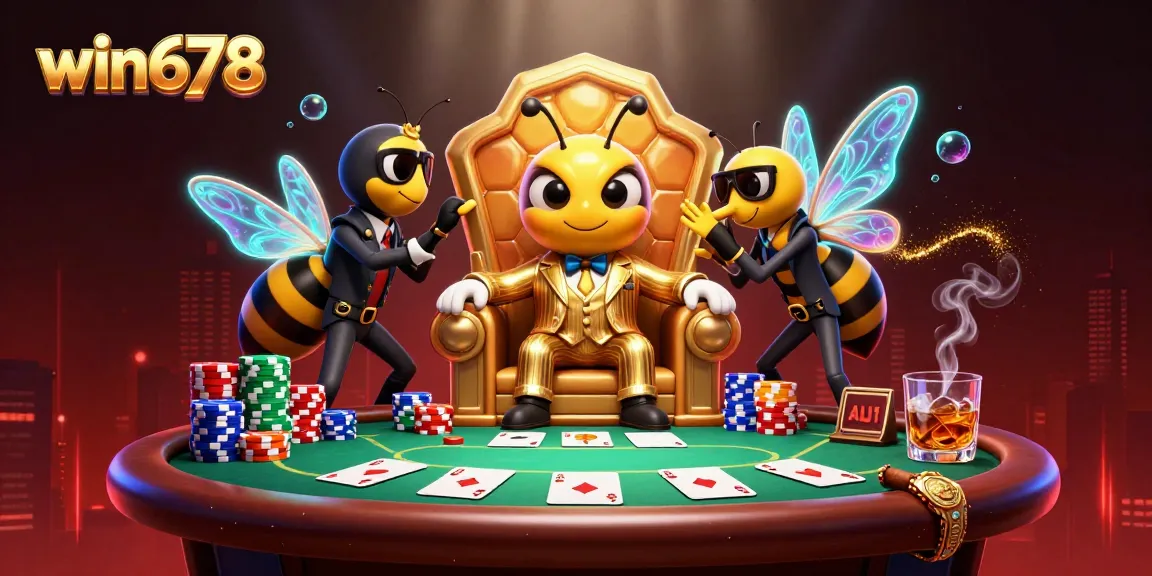 Win678 casino scene showcasing a bumblebee mob boss at a poker table with vibrant colors and dynamic action.