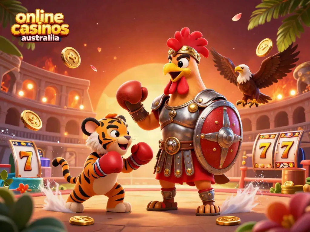 Exciting scene showcasing characters in a colorful online casinos australia gaming arena with dynamic elements.