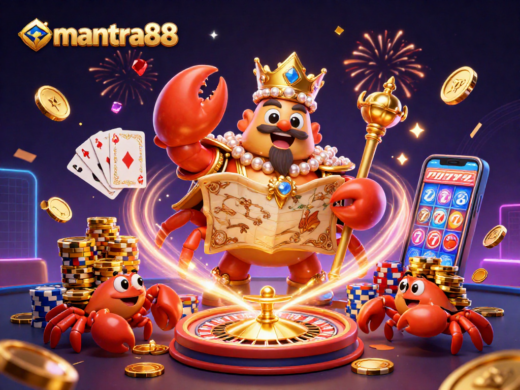 Engage with mantra88's vibrant casino experience featuring a golden crab emperor amidst sparkling treasures.