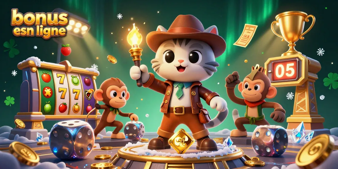 Obtenez des bonus casino en ligne avec un chat archéologue et un singe, découvrant un artefact d'or dans un temple.