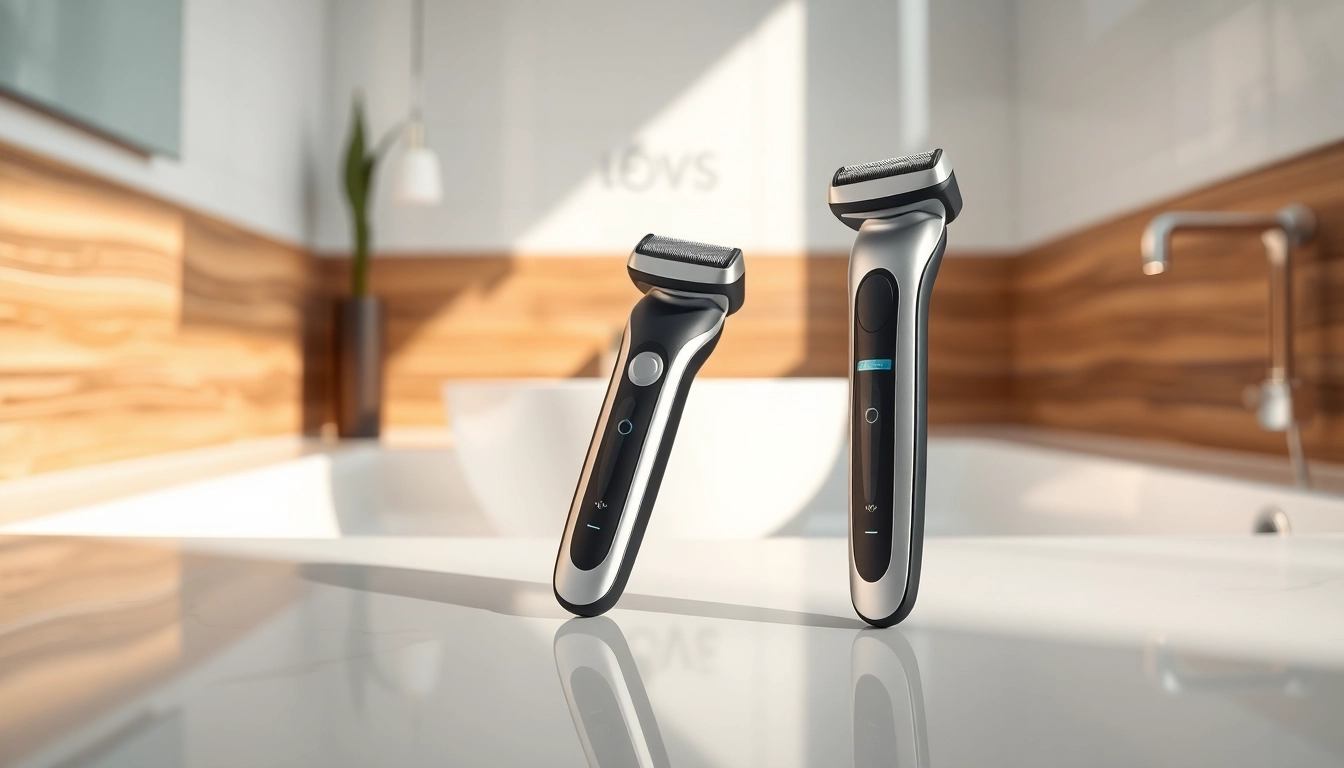 Showcase the one blade electric shaver in a modern bathroom ambiance with natural lighting.