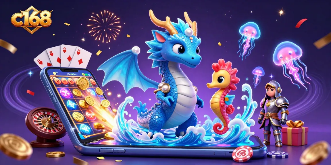 Play exciting games at C168 with dazzling visuals featuring an azure dragon and vibrant casino elements.