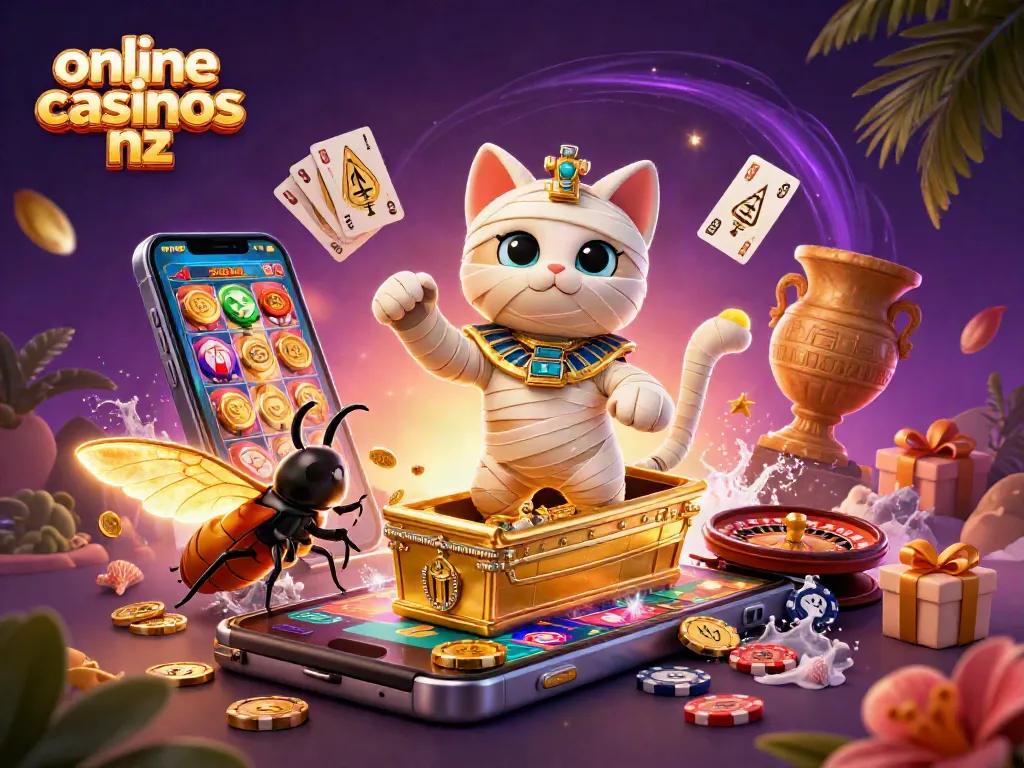 Engage in exciting online casinos nz with a vibrant 3D illustration featuring a mummy cat and casino elements.