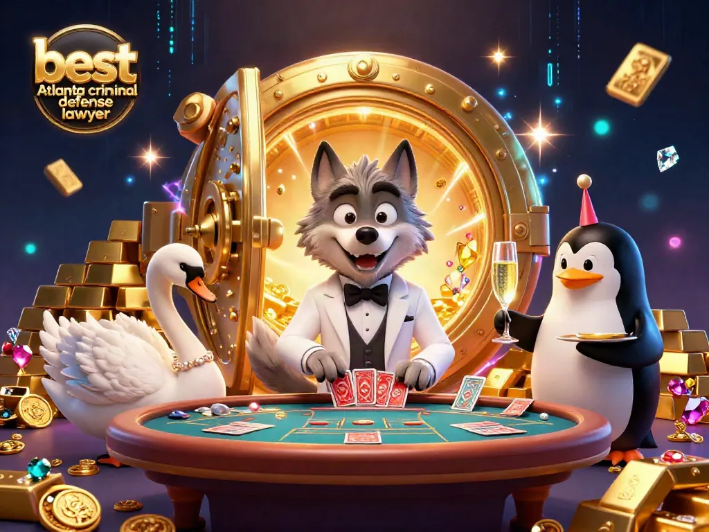 An engaging scene of a debonair wolf, elegant swan, and meticulous penguin showcasing the best Atlanta criminal defense lawyer concept amidst vibrant casino elements.
