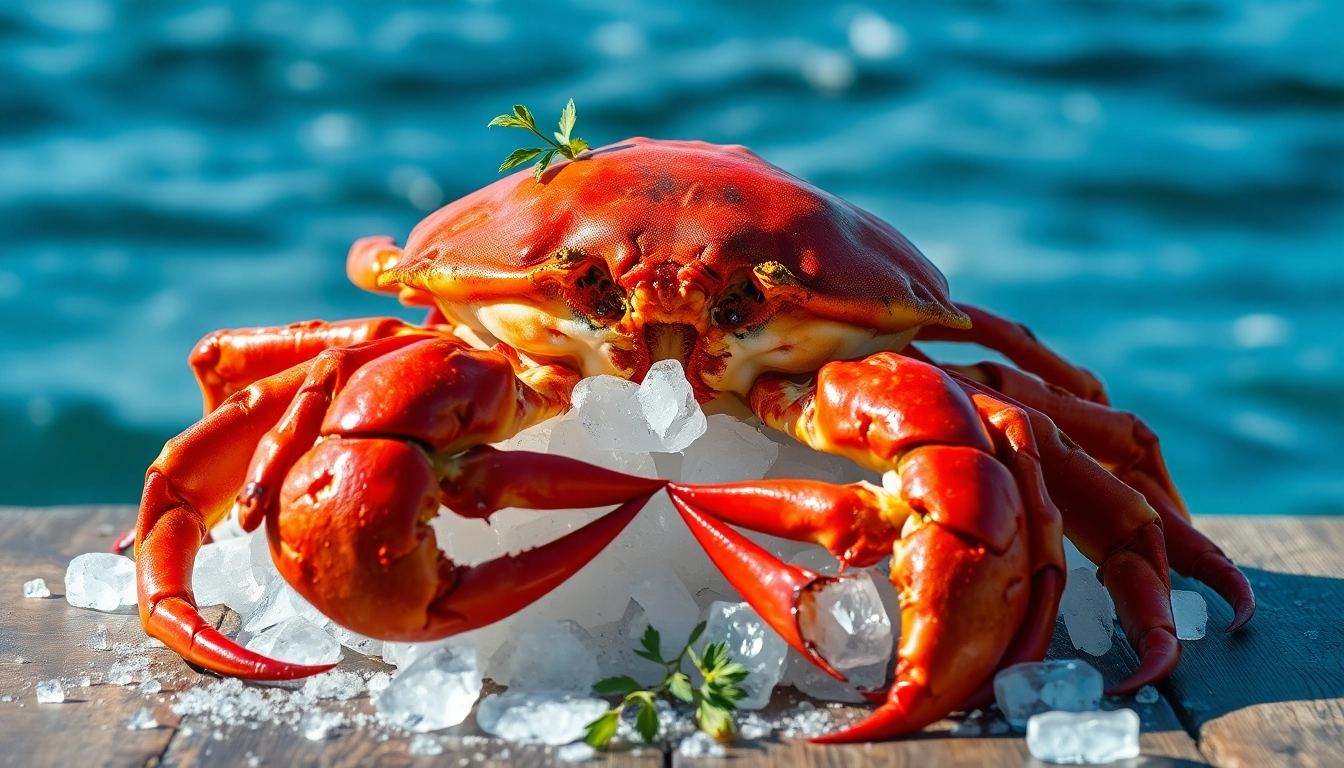 Showcasing a stunning Norwegian king crab wholesale supplier on a wooden table surrounded by ice.
