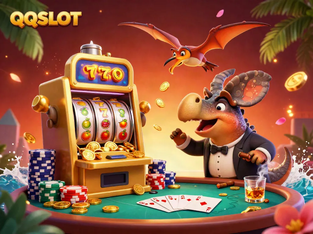 Experience the excitement of QQSLOT as a dinosaur triggers a jackpot in this lively casino illustration.