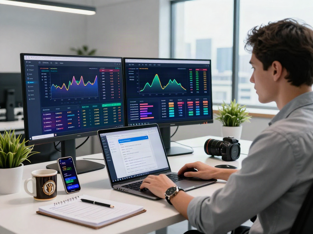 Gambling verification expert analyzing 먹튀스팟 검증사이트 data on dual monitors in a modern office.
