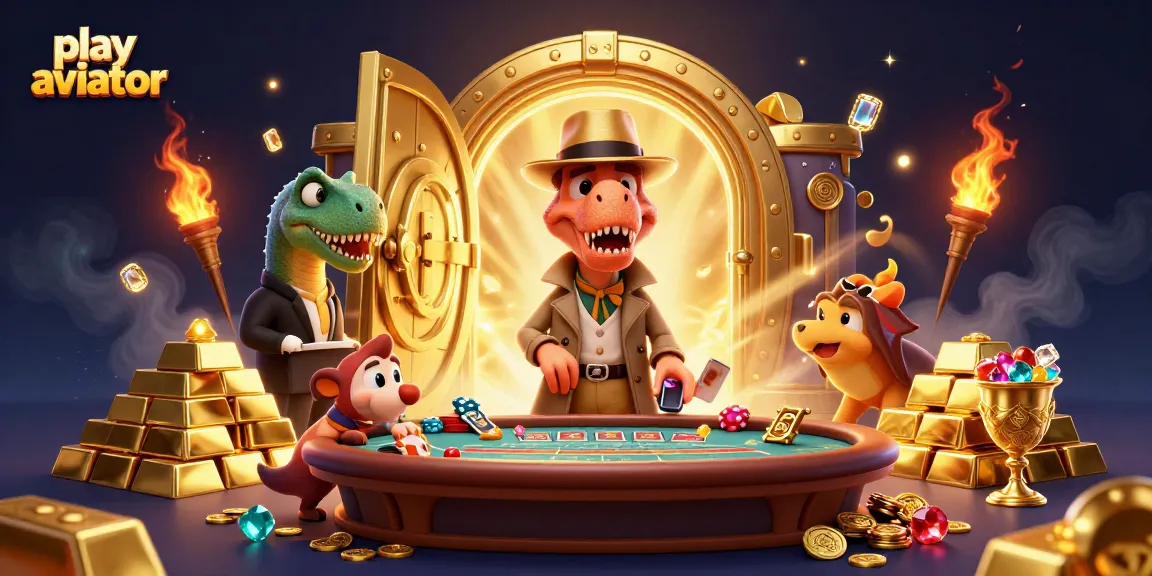 Play Aviator in a vibrant casino scene with cartoon dinosaurs and golden treasures.