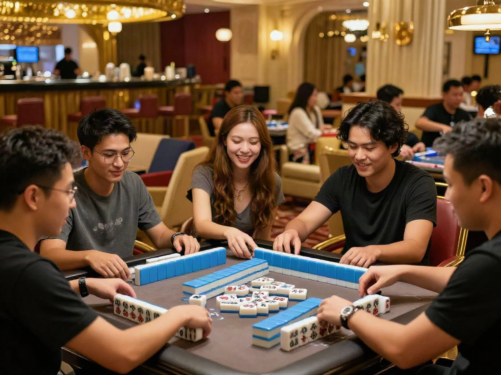 Exciting gaming scene featuring players enjoying Slot MAHJONGJP88 at a stylish casino table.