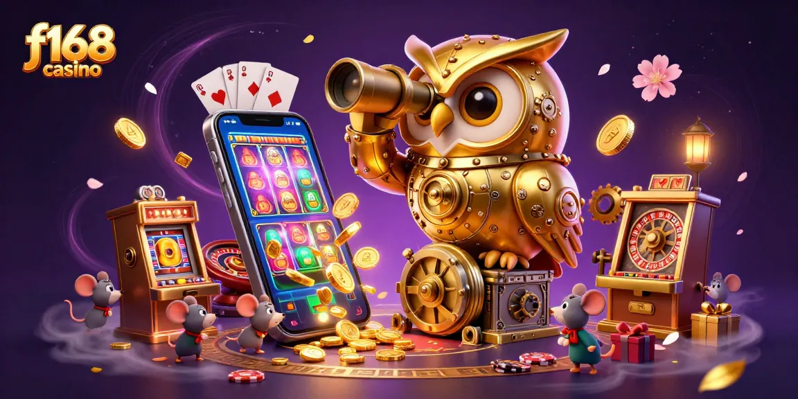 Engage with the vibrant f168 casino experience as golden owls watch over slot machines and fortune blooms.