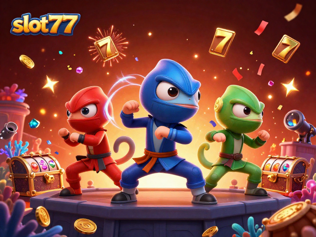 Engage with slot777's dynamic casino fun as colorful chameleon ninjas showcase martial arts.