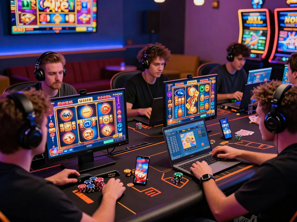 Exciting slot online gaming scene with players engaged on desktops and mobiles, showcasing vibrant graphics.