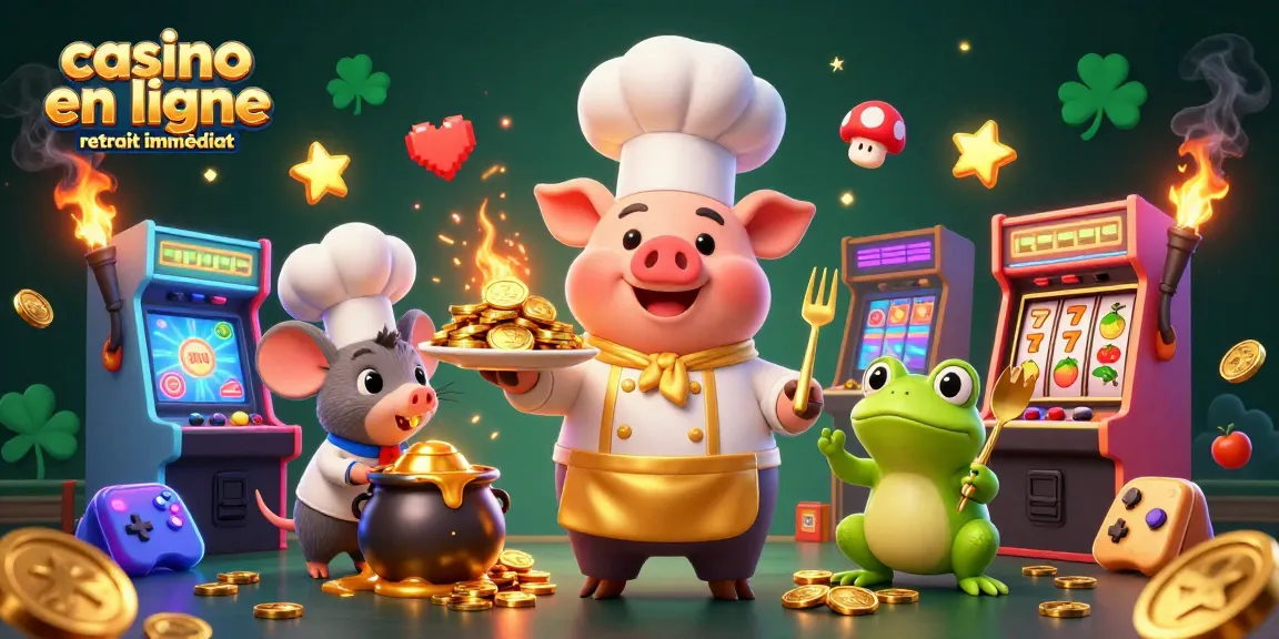 Profitez de l'expérience du casino en ligne retrait immédiat avec un chef pig et un critique dégustant des pièces d'or.