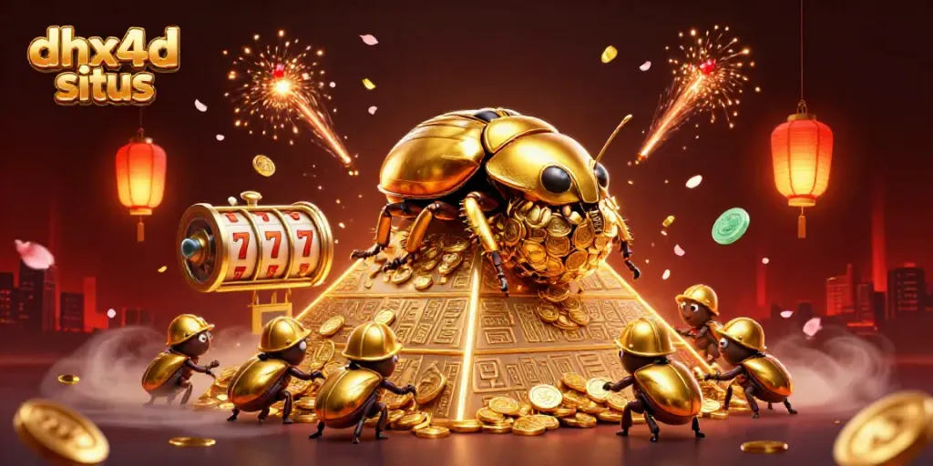 Ilustrasi 3D spektakuler menampilkan dhx4d situs dengan kumbang emas menakjubkan dan simbol kasino di latar belakang.