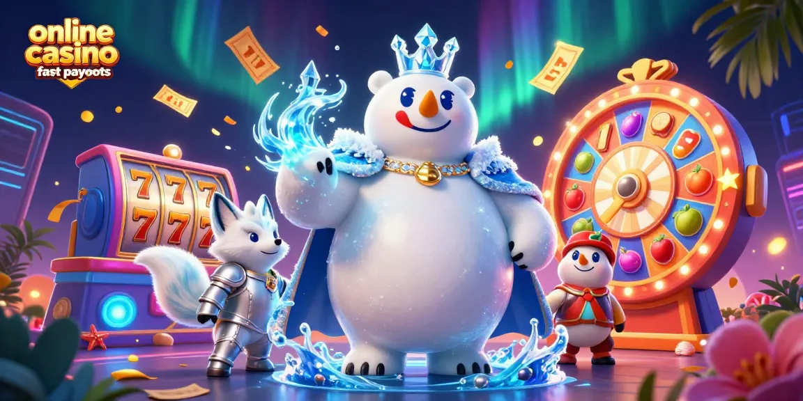 Engage with online casino fast payouts in a dynamic scene featuring a polar bear and fox with casino elements.