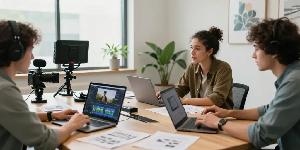 AI video generator pricing team collaboration in a modern studio