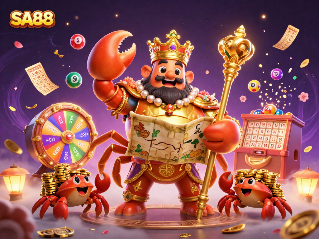 Experience SA88's exciting betting action with a golden crab emperor and colorful lottery elements.