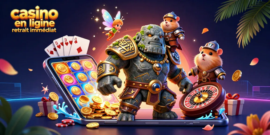 Profitez des jeux au casino en ligne retrait immédiat avec une illustration dynamique et colorée.