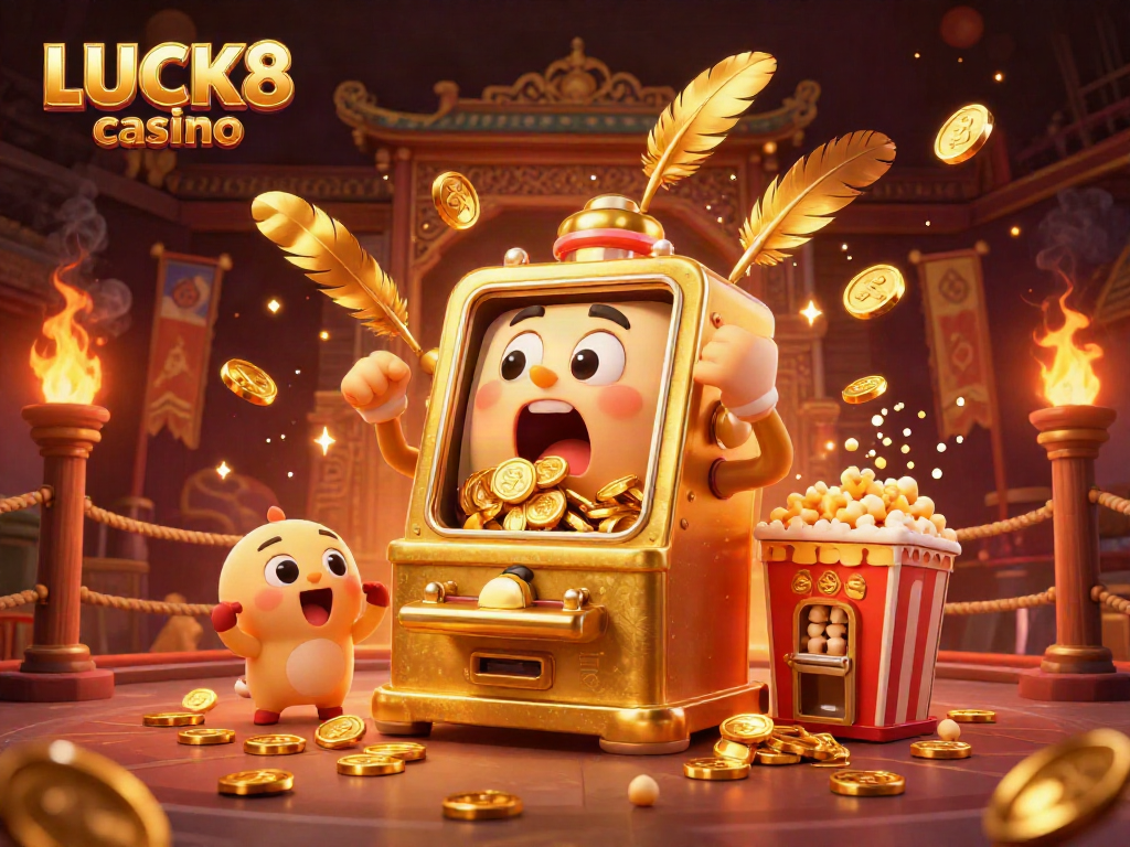 Experience the thrilling excitement of LUCK8 casino with a vibrant scene of a golden slot machine celebrating a jackpot surrounded by cheering companions.