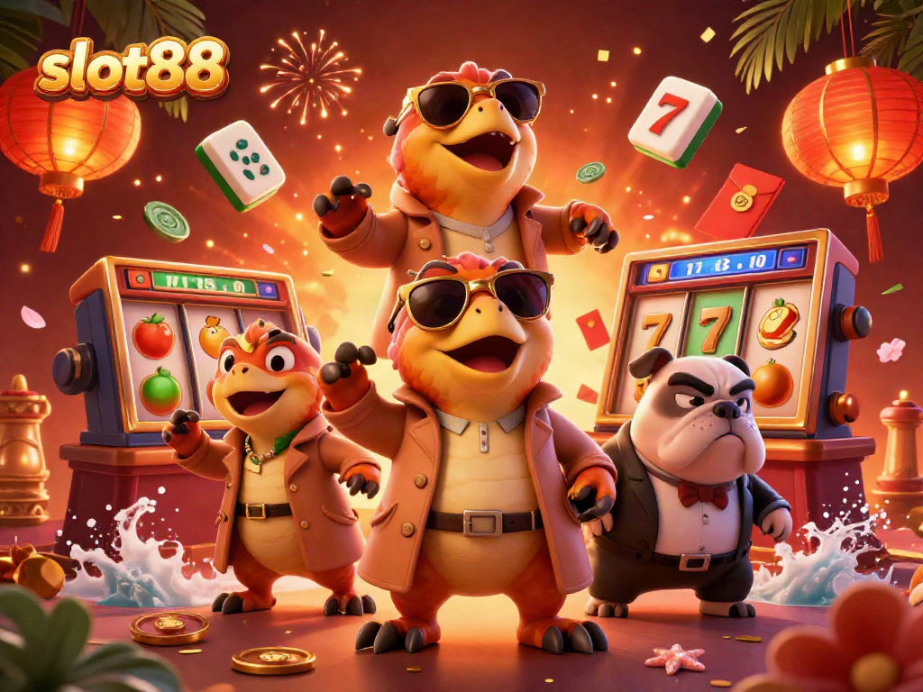 Experience slot88 action with raptors in a trench coat amusingly entering a casino lounge.
