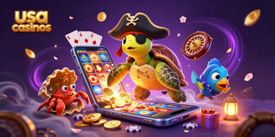 Play games at usa casinos with a pirate turtle, crab, and parrotfish surrounded by treasures.