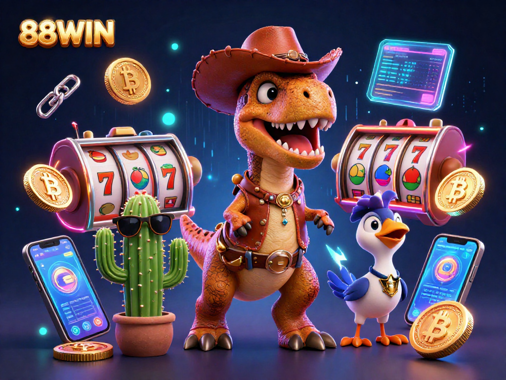 Spin the reels and win big with 88WIN's vibrant casino adventures featuring unique characters and crypto elements.