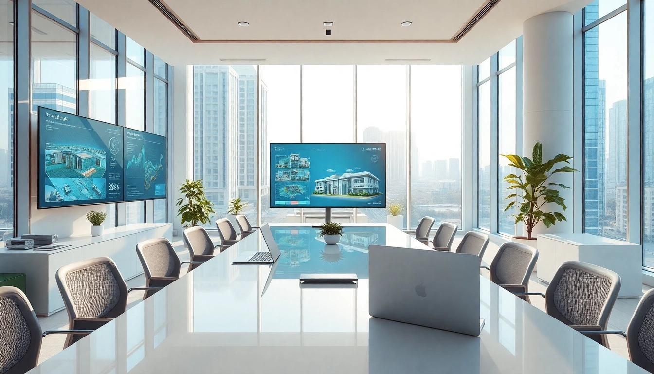 Create a visual representation of an AI content engine for property developers in a modern work environment.