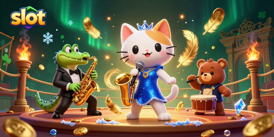 Slot gacor dengan kucing penyanyi jazzy dan buaya pemain saksofon, bertema kasin