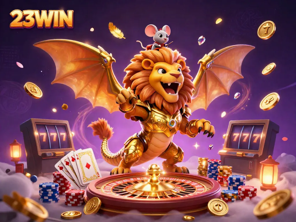 Experience the thrill of 23WIN with dynamic casino action featuring roaring chimera and soaring coins.