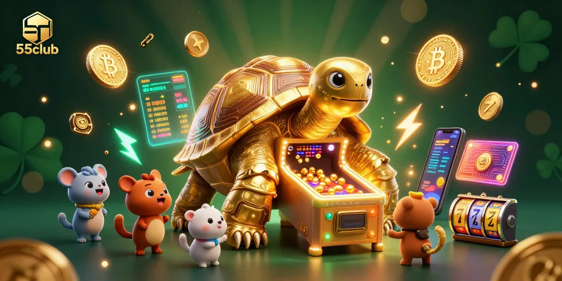 Play exciting slot games at 55club, featuring a golden tortoise pinball machine.