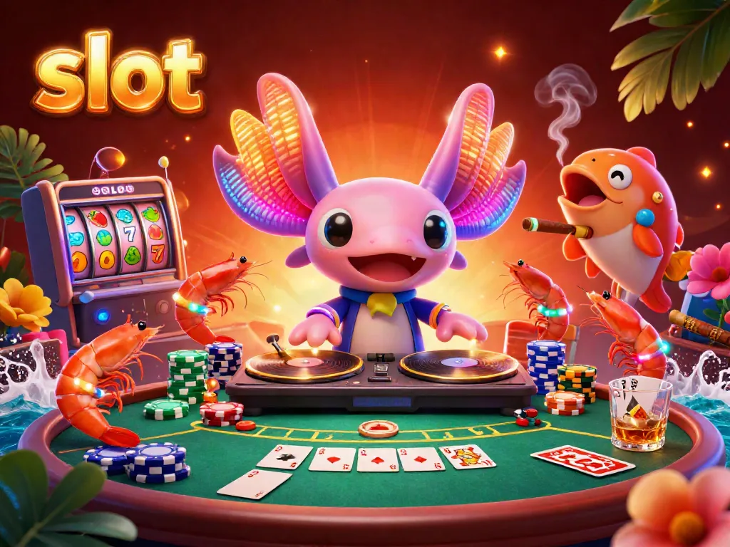 Slot mesin penuh warna berputar dengan karakter kartun 3D DJ axolotl, bola poker, dan suasana kasino.
