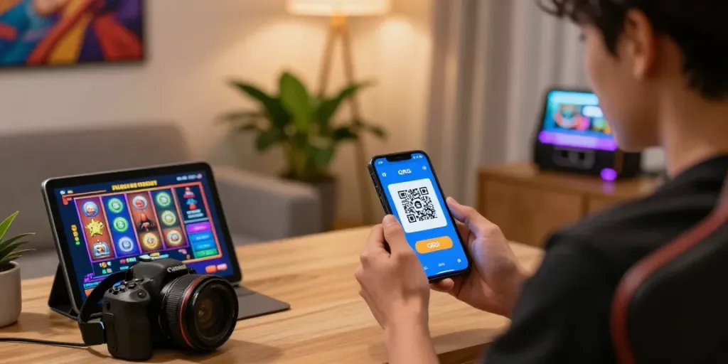 Engaging player exploring slot qris payment options on a smartphone in a cozy gaming setup.