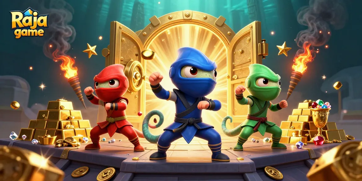 Experience thrilling winnings in Raja game with chameleons synchronizing their martial arts atop a treasure vault.