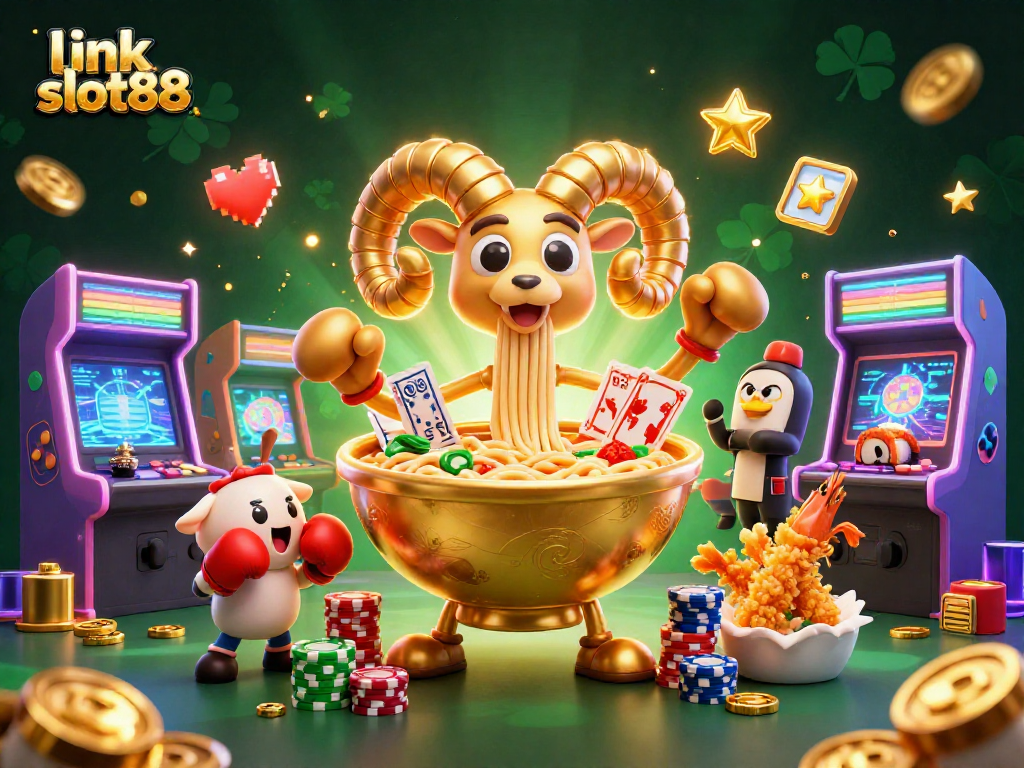 Experience the excitement of link slot88 with lively characters and dynamic casino elements in this colorful 3D illustration.