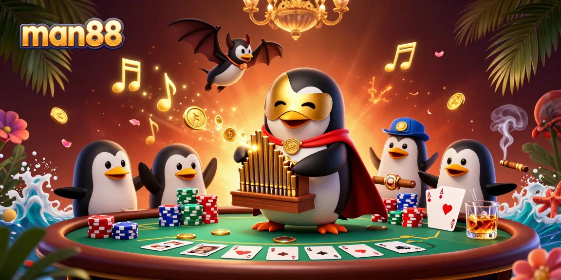 Experience exciting wins with man88 at an energetic casino scene featuring animated penguins and vibrant poker elements.