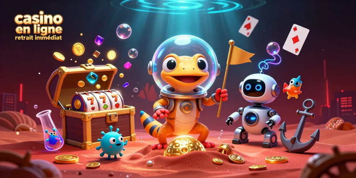 Casino en ligne retrait immédiat : illustration dynamique d'un gécko martien en train de découvrir un casino en or sur Mars.
