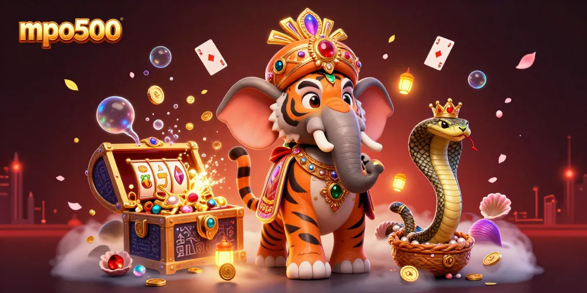 Engage with mpo500's vibrant online casino scene featuring a majestic tiger and elephant.