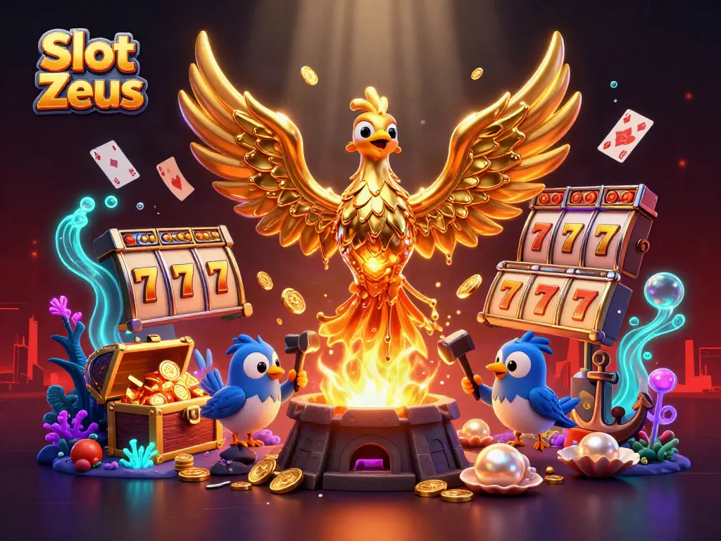 Slot Zeus menampilkan phoenix emas yang terbuat dari logam cair dengan koin emas, dikelilingi oleh simbol slot dan harta karun