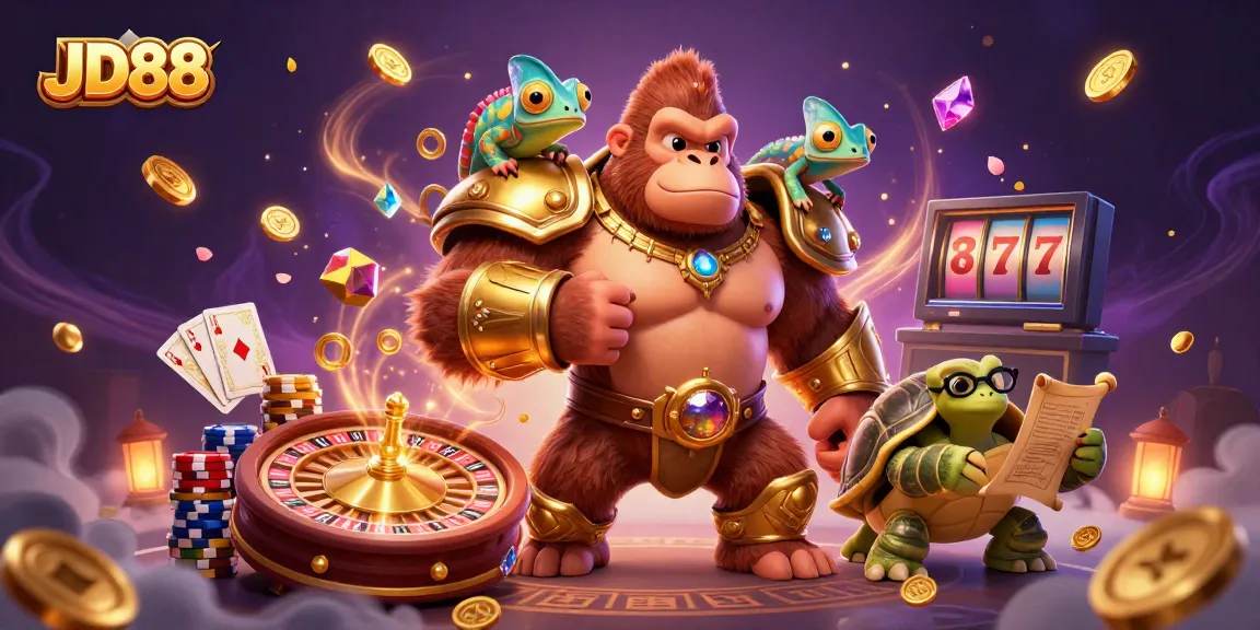 Engage with JD88's vibrant 3D casino scene featuring a gorilla king, chameleon, and tortoise dwarfed by sparkling gems, coins, and gaming elements.