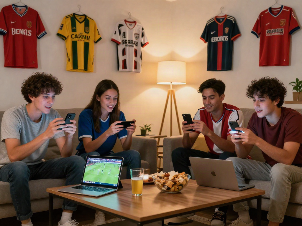Penggemar menonton live streaming bola gratis dengan camilan dan minuman di ruang tamu nyaman.
